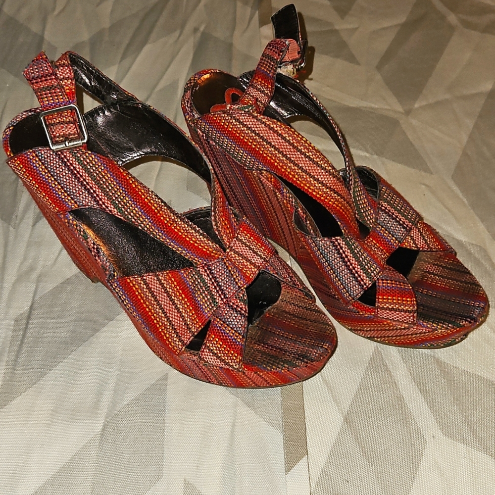 Madeline Twill Slingback open toe scrappy/striped wedges